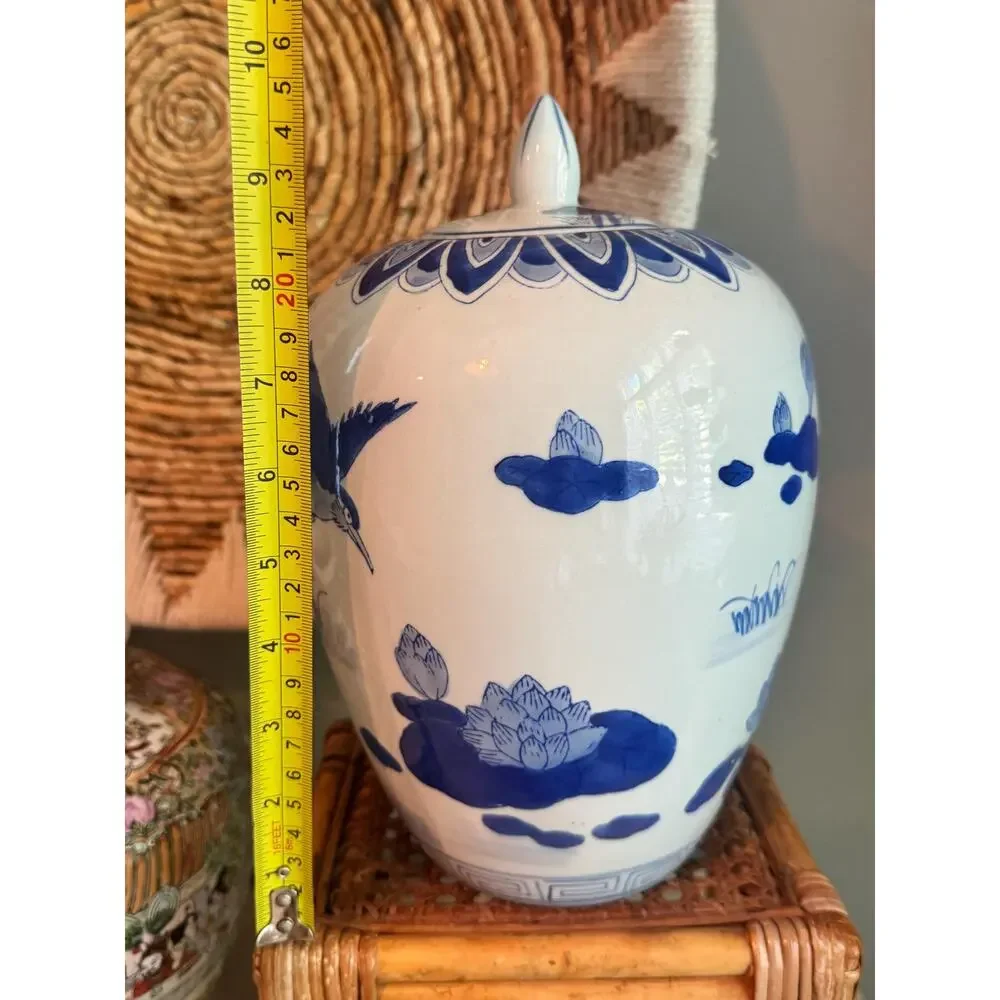 Vintage Chinoiserie Blue White Lotus Porcelain Melon Ginger Jar and Lid